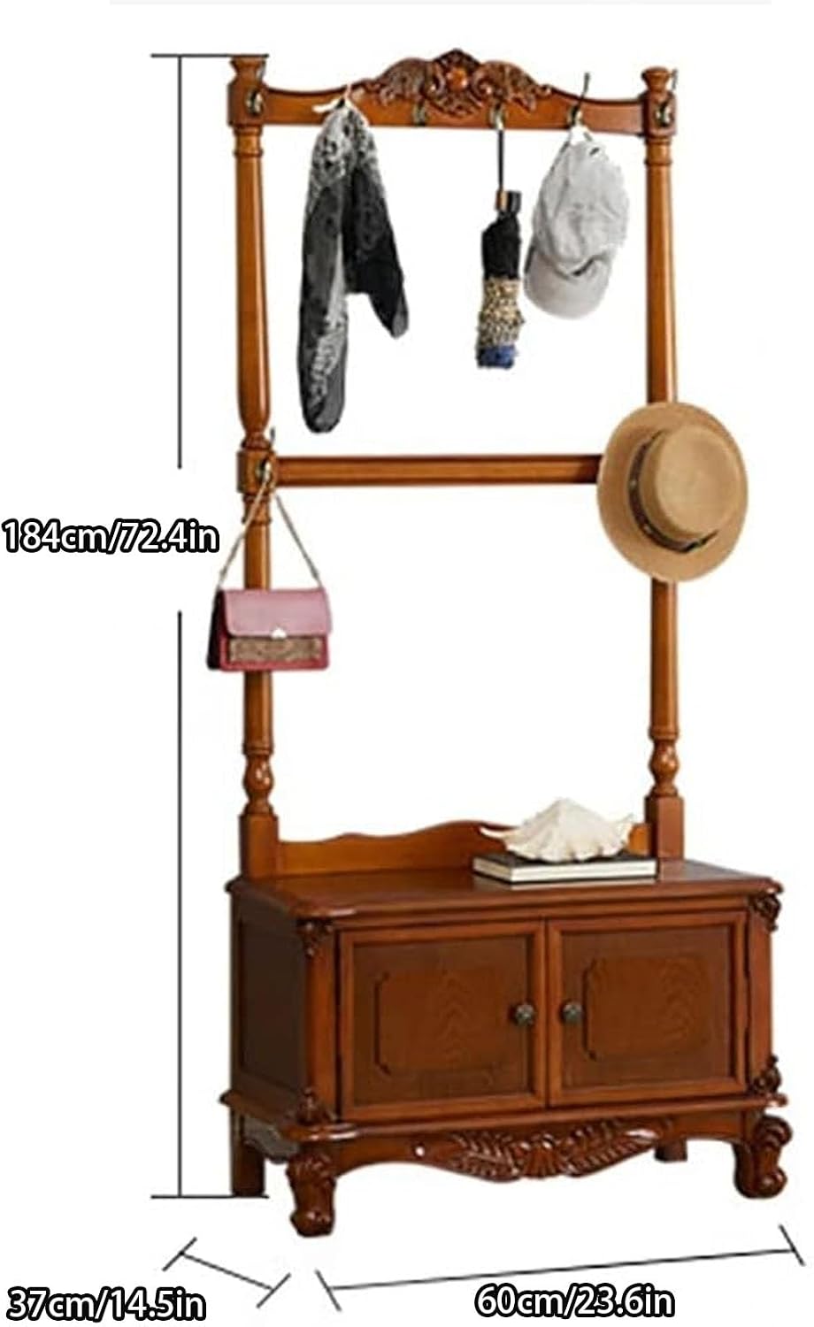 Solid Wood Clothes Rack, Garment Racks with Storage Cabinet and Hooks, Clothing Rack, Floor-standing Clothes Hanger Perchero de Pie for Hanging Shirts, Jackets(Brown)