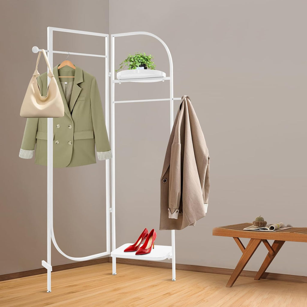 Clothes Display Stand, Metal Heavy Duty Freestanding Garment Rack Foldable Clothing Shelf Clothes Rack for Hanging Clothes Coats Skirts Shirts Sweaters (White)