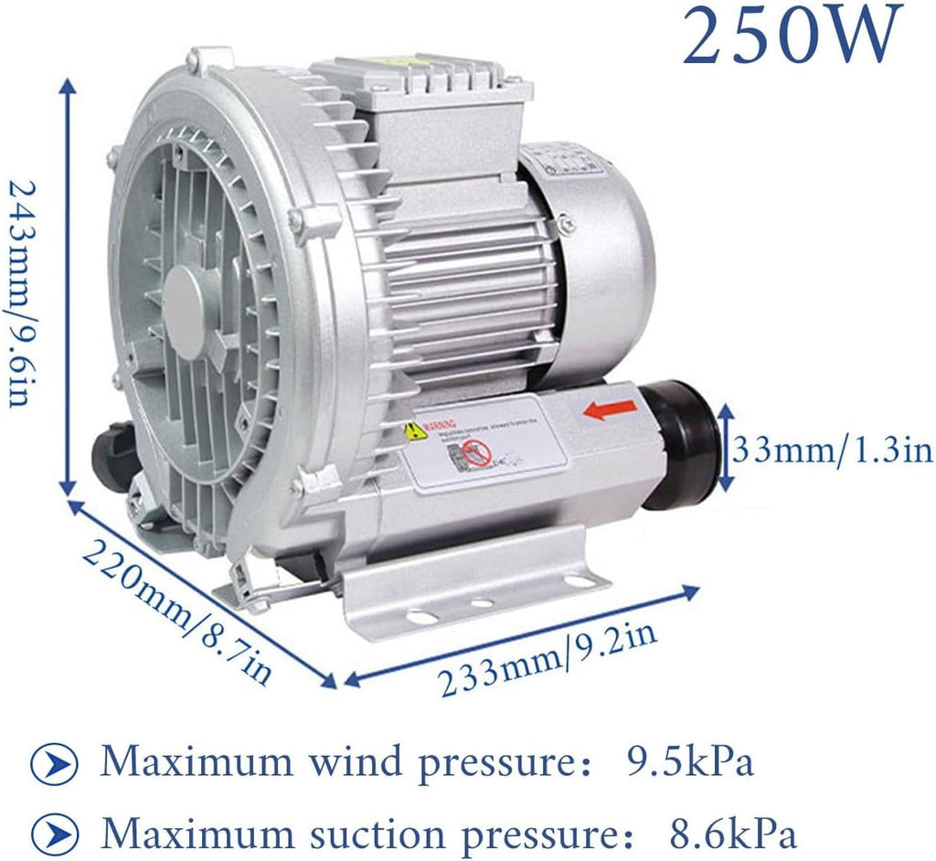 Vortex Ring Blower, Industrial Regenerative Blower for Sewage Aeration, Large Airflow High Pressure Centrifugal Fan, Suitable for Aquaculture, Food, Aquarium, Fish Pond, 250W
