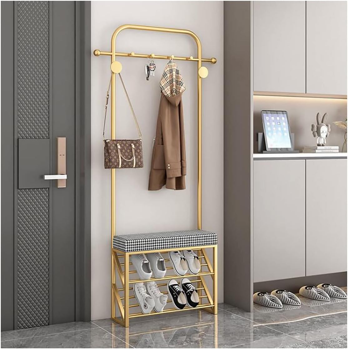 Generic Exquisite Clothes Rail Rack Freestanding Garment Rack With 8 Hooks Coat Rack With Shoe Shelf And Bench Hat Handbag Hanger For Narrow Hallway And Bedroom (Color : GoldB, Size : 60 * 20 * 178c