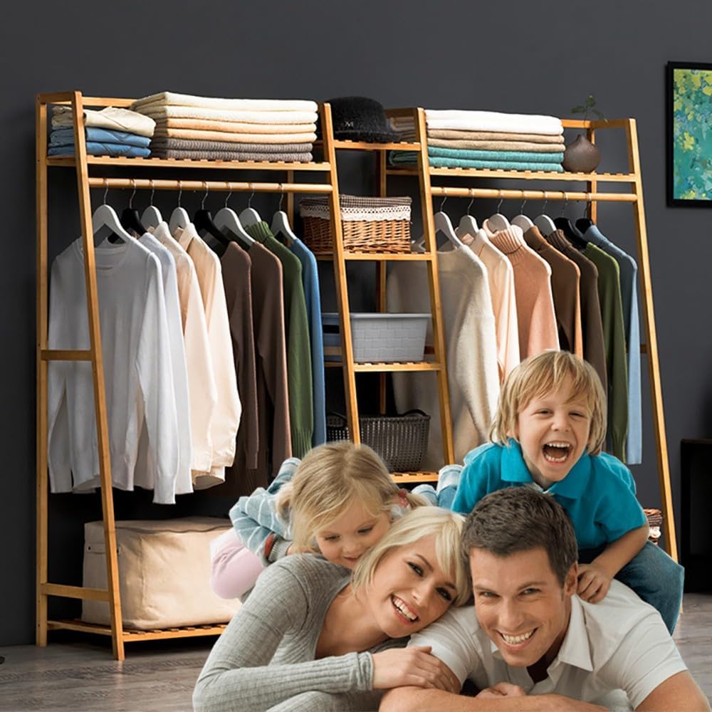 Bamboo Coat Rack with 7 Shelves and Top Hanging Rod Free Standing Garment Rack for Bedroom Closet Max Load 220lbs