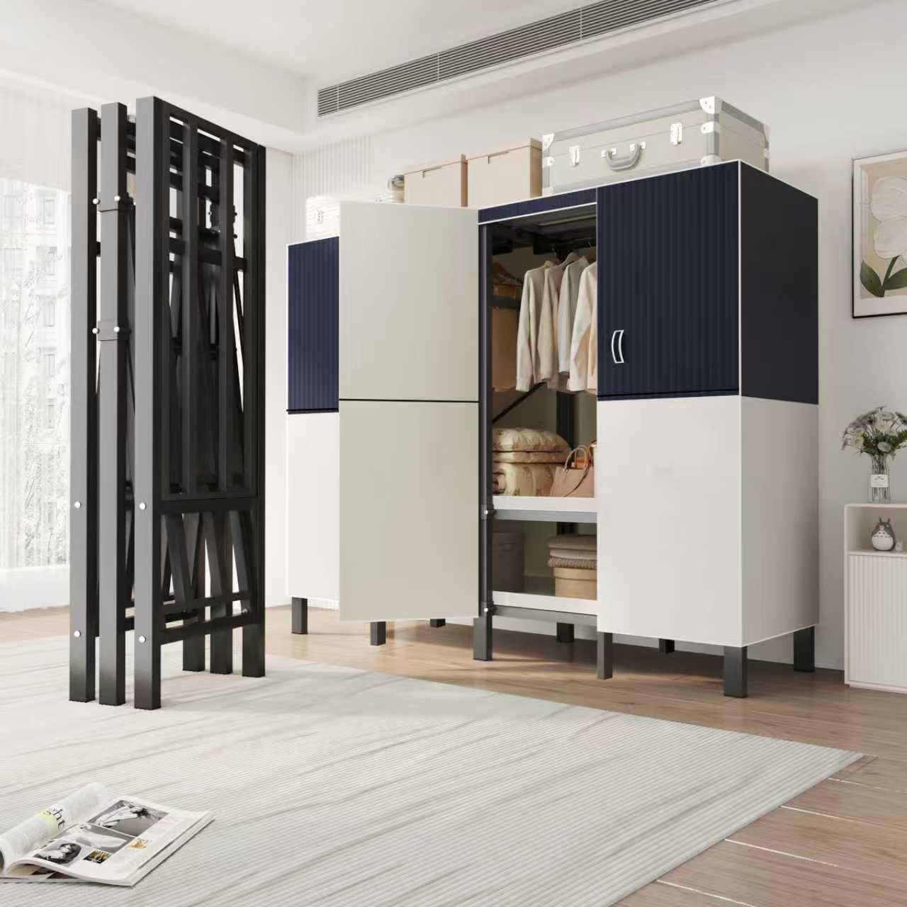 Portable Wardrobe Closet, Heavy Duty Clothing Rack for Hanging Clothes, Metal Clothes Rack with Cover and Hanging Rods, Freestanding Wardrobe Armoire Load 1000 LBS (Blue 49 in)