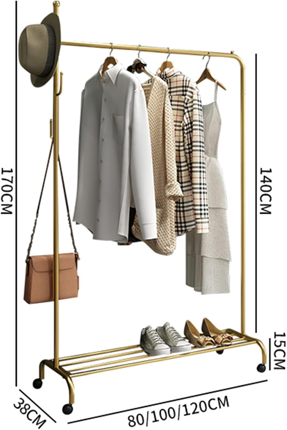 Heavy Duty Coat Rack, Garment Rack Modern Metal Clothes Rail On Wheels Freestanding Hanger with Shelves and 4 Hooks Space Saving Clothing Rack for Bedroom and Entrance Easy to Assemble (80X38X170CM)