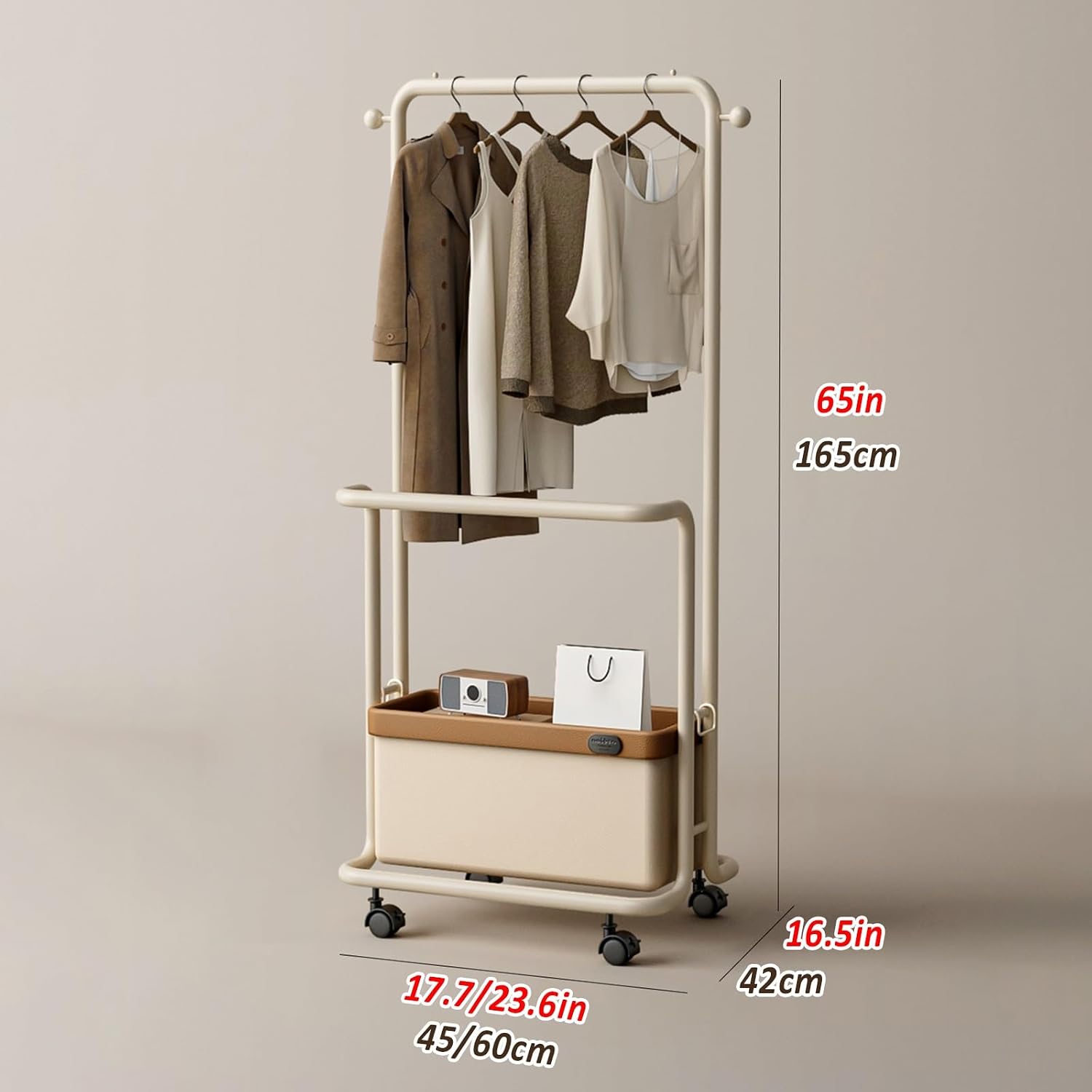 Double Rods Garment Rack With Wheels, Clothing Rack For Hanging Clothes With Storage Box, Metal Freestanding Cloths Racks For Shirts Coats Shoes Bags(45cm/17.7in)