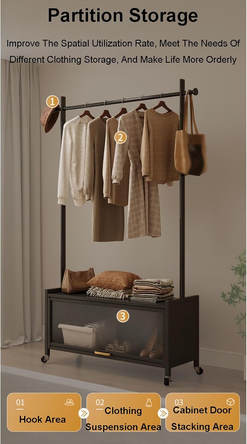 Metal Clothes Rack Nordic Modern Clothing Rack w/Lockable Wheels & Storage Cabinet Heavy Duty Metal Wardrobe Garment Rack for Hanging Shirts Jackets Pants