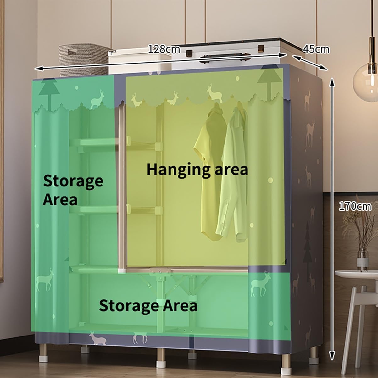 Portable Clothes Rack with Cover Freestanding Wardrobe Closet for Bedroom Metal Clothing Rack with Hanging Rod and 5 STO