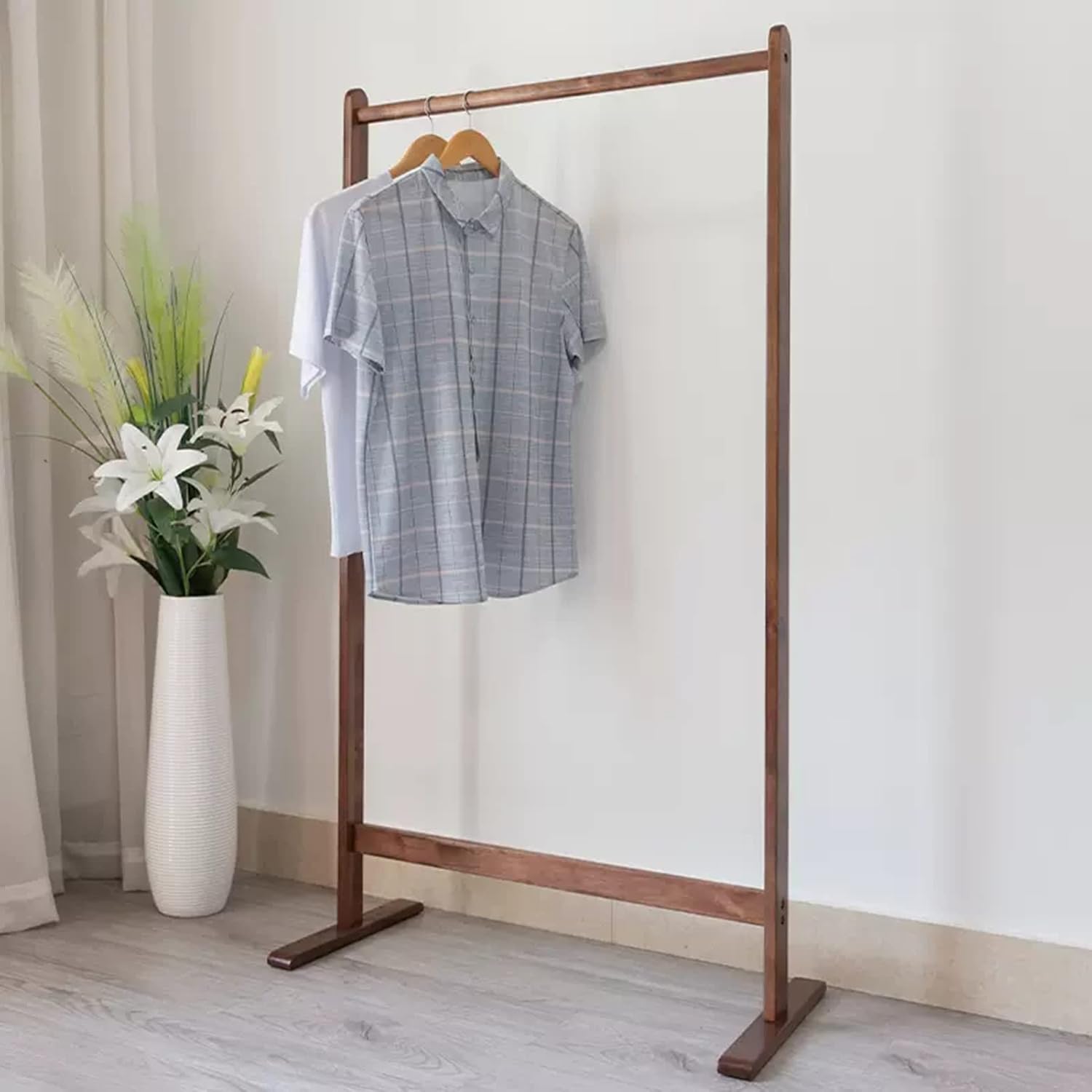 Heavy Duty Garment Rack Solid Wood Clothing Rack for Hanging Clothes Large Capacity Clothes Rail for Bedrooms and Entryway Freestanding Coat Rack, Easy to Assemble (Walnut Color 85X38X150CM)
