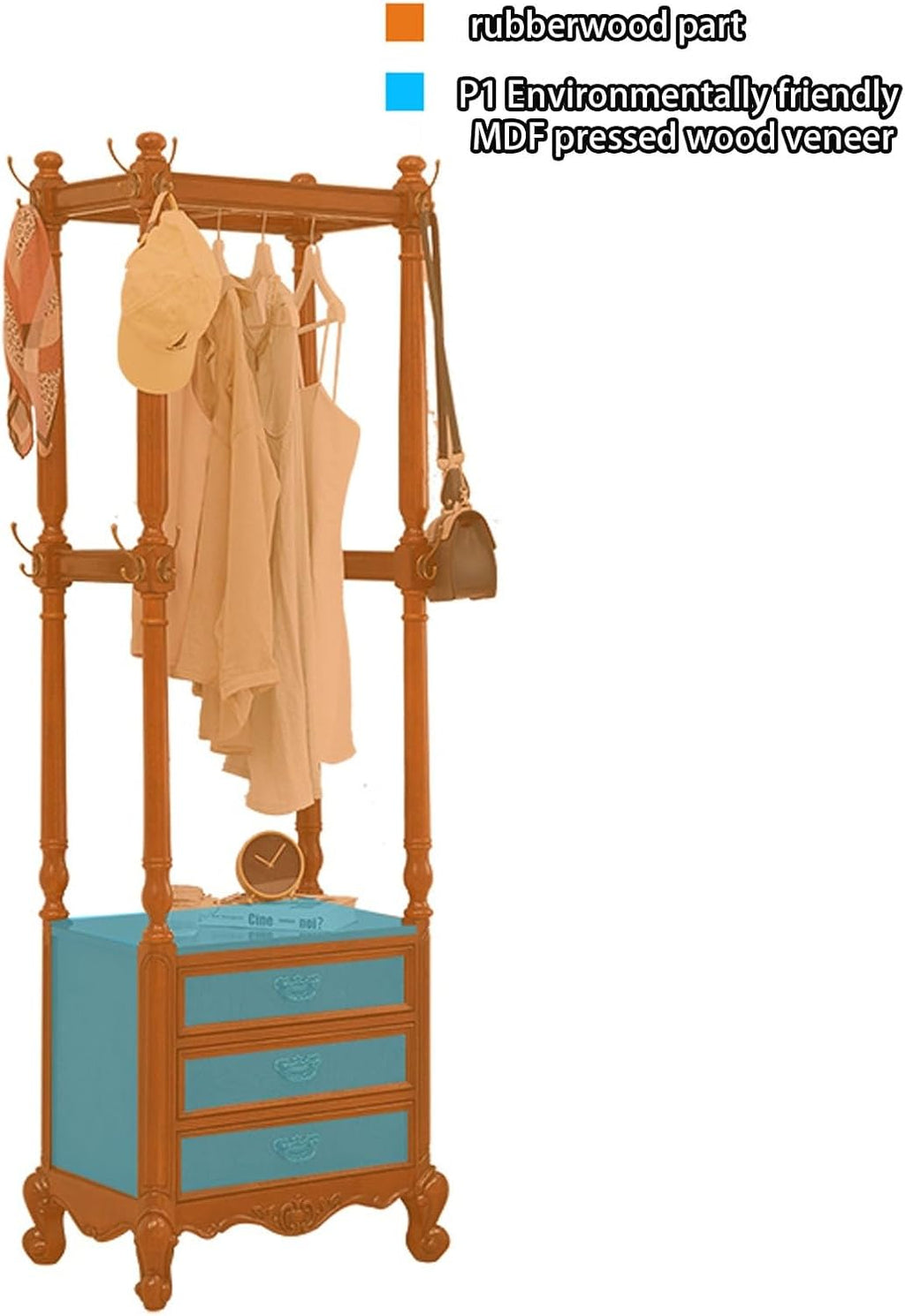 Solid Wood Clothing Racks, with 2 Drawers, Clothes Rack, Hat Storage Stand, Floor-standing Garment Racks, for Hanging Shirts, Jackets, Coat(Brown)