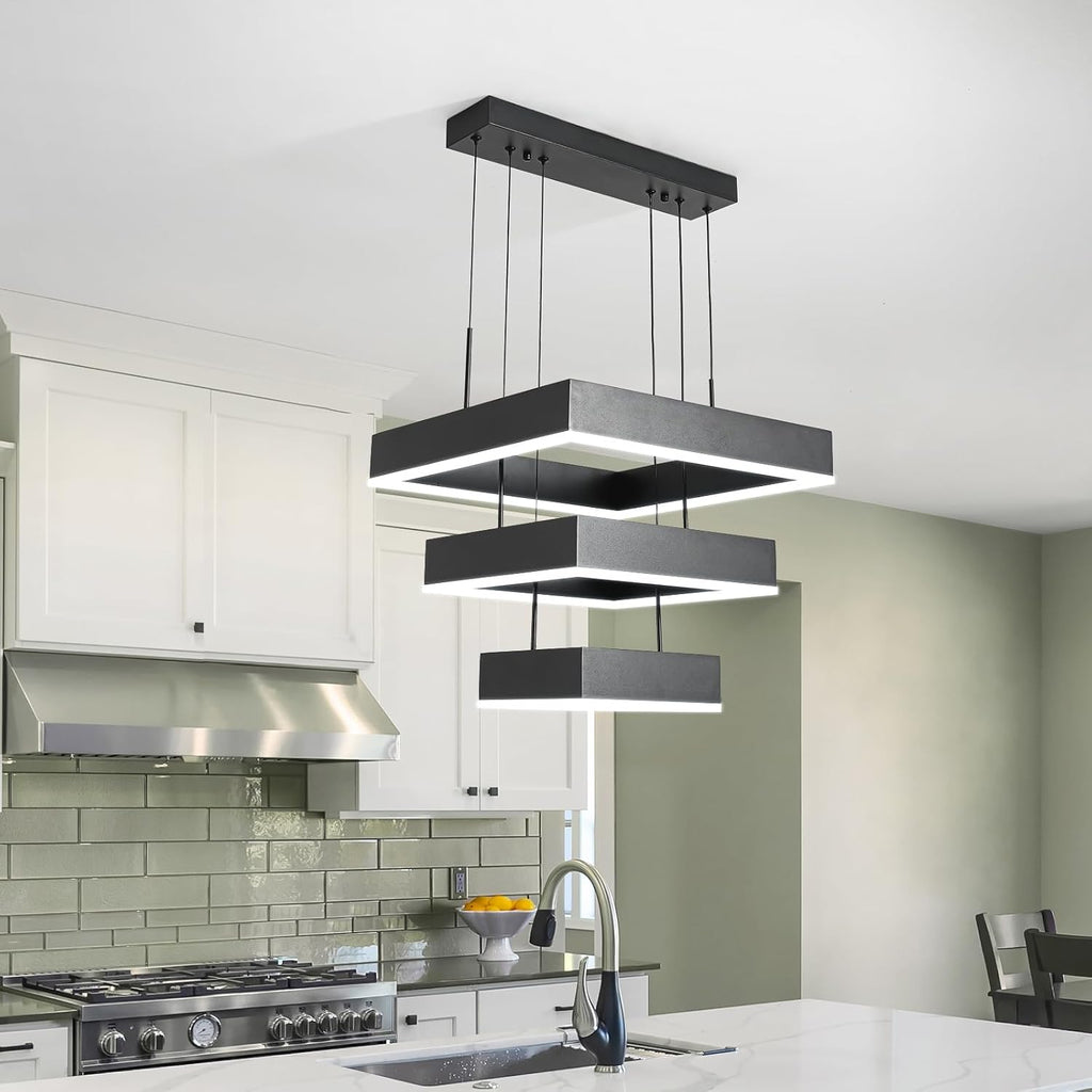O'NEELDY Modern Chandelier 58W LED Black Pendant Light Embedded Mount Square Rings LED Chandeliers Dining Room Light Fixtures for Kitchen Bedroom, 6000K