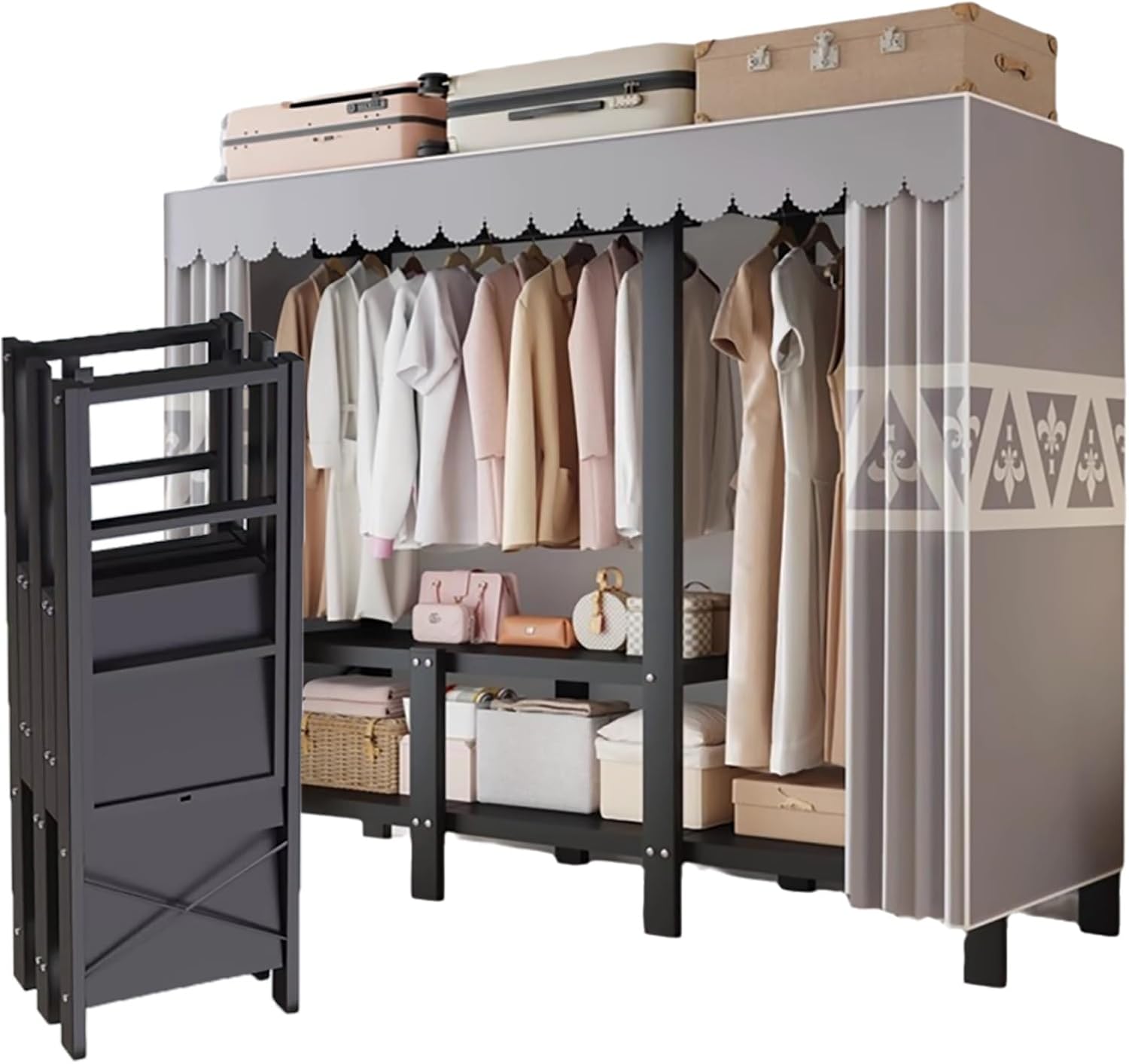 Foldable Wardrobe Closet System,Heavy Duty Portable Clothes Rack with Cover, Garment Racks for Bedroom, Freestanding Armoire(Gray,87cm/34.3in)