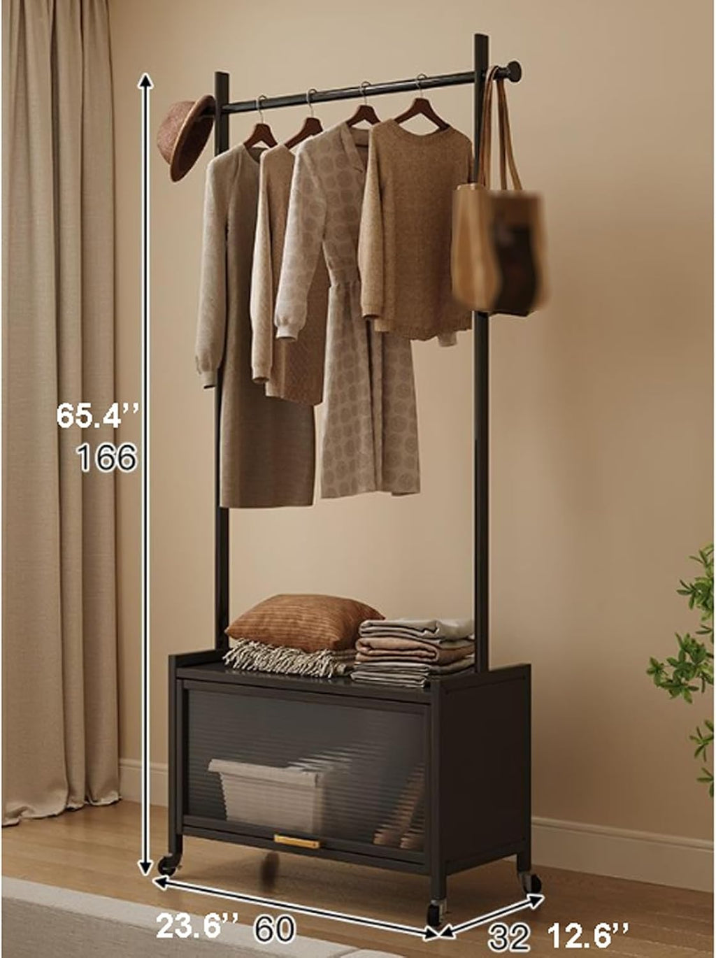 Metal Clothes Rack Nordic Modern Clothing Rack w/Lockable Wheels & Storage Cabinet Heavy Duty Metal Wardrobe Garment Rack for Hanging Shirts Jackets Pants