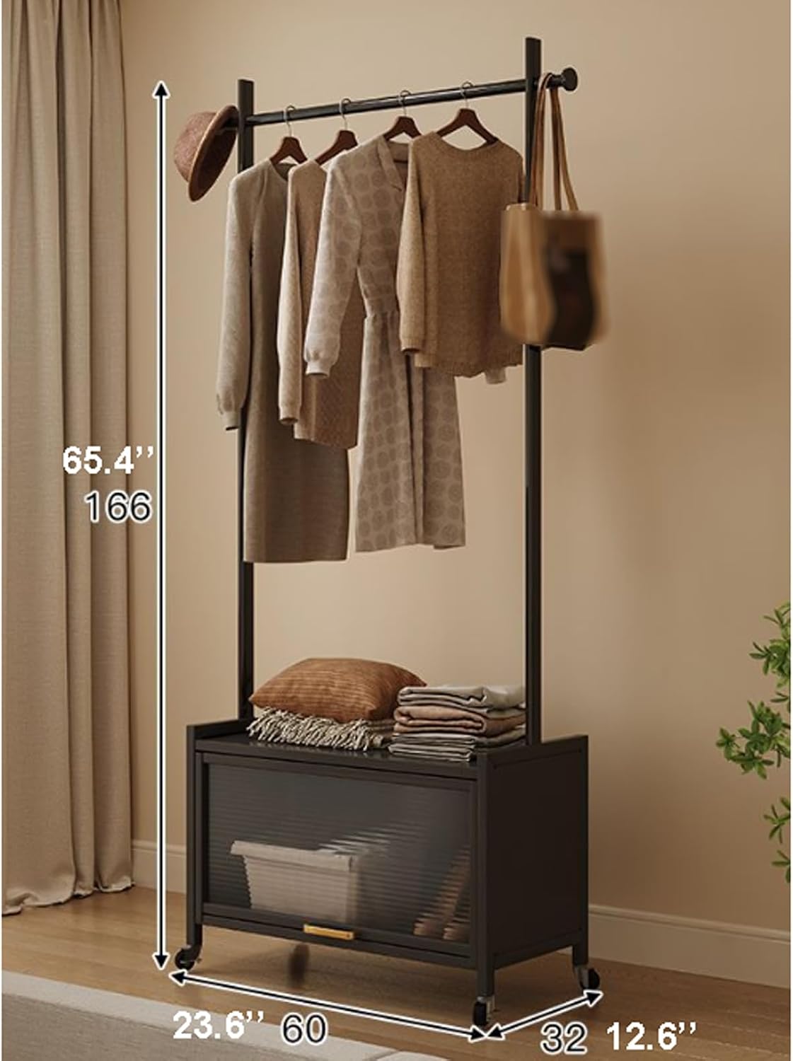 Metal Clothes Rack Nordic Modern Clothing Rack w/Lockable Wheels & Storage Cabinet Heavy Duty Metal Wardrobe Garment Rack for Hanging Shirts Jackets Pants