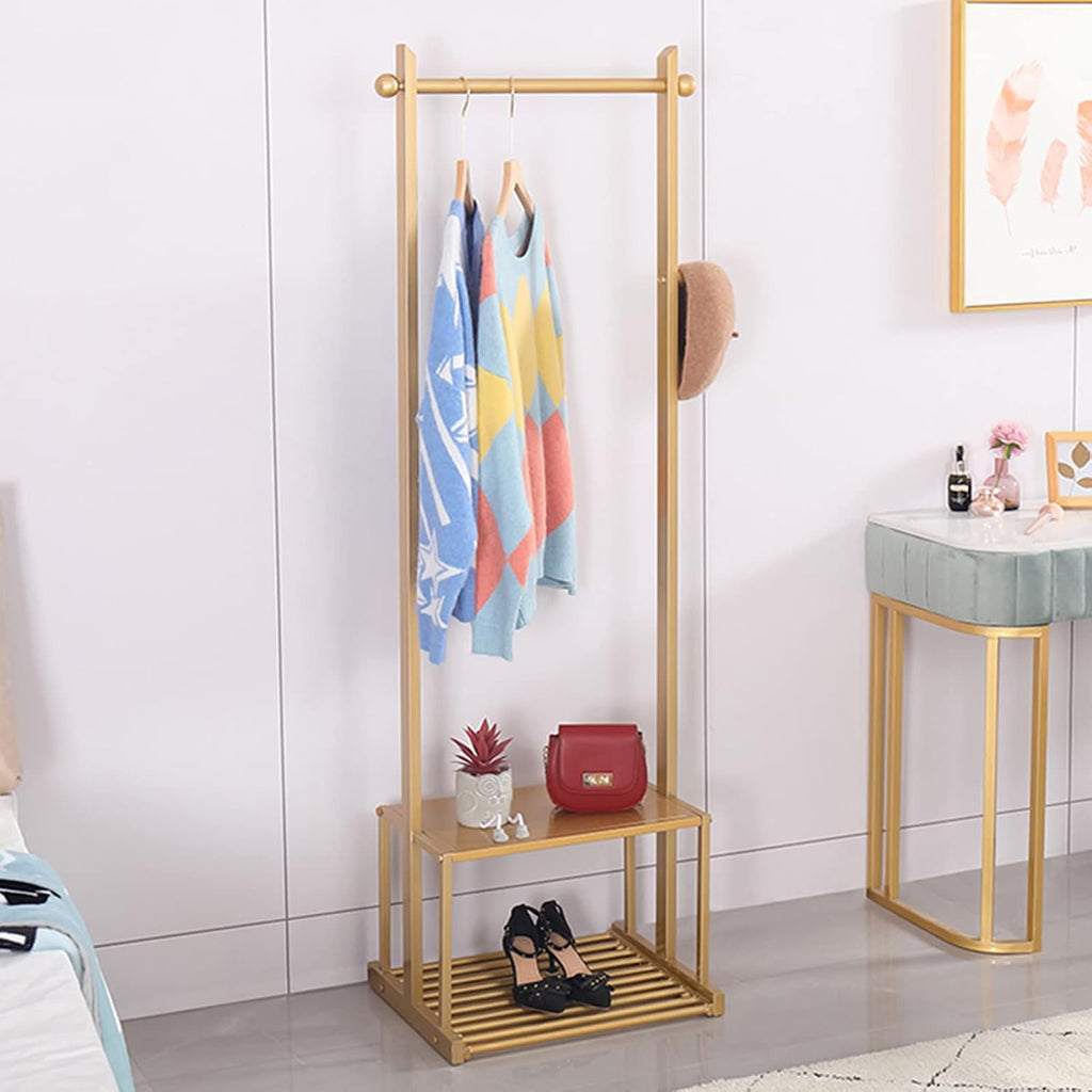 Heavy Duty Garment Rack Clothing Rack with 2 Tier Bottom Shelves, Metal Clothes Rail for Bedroom and Office, Freestanding Clothes Organizer for Hanging Clothes, Space Saving (Gold 50X40X165CM)