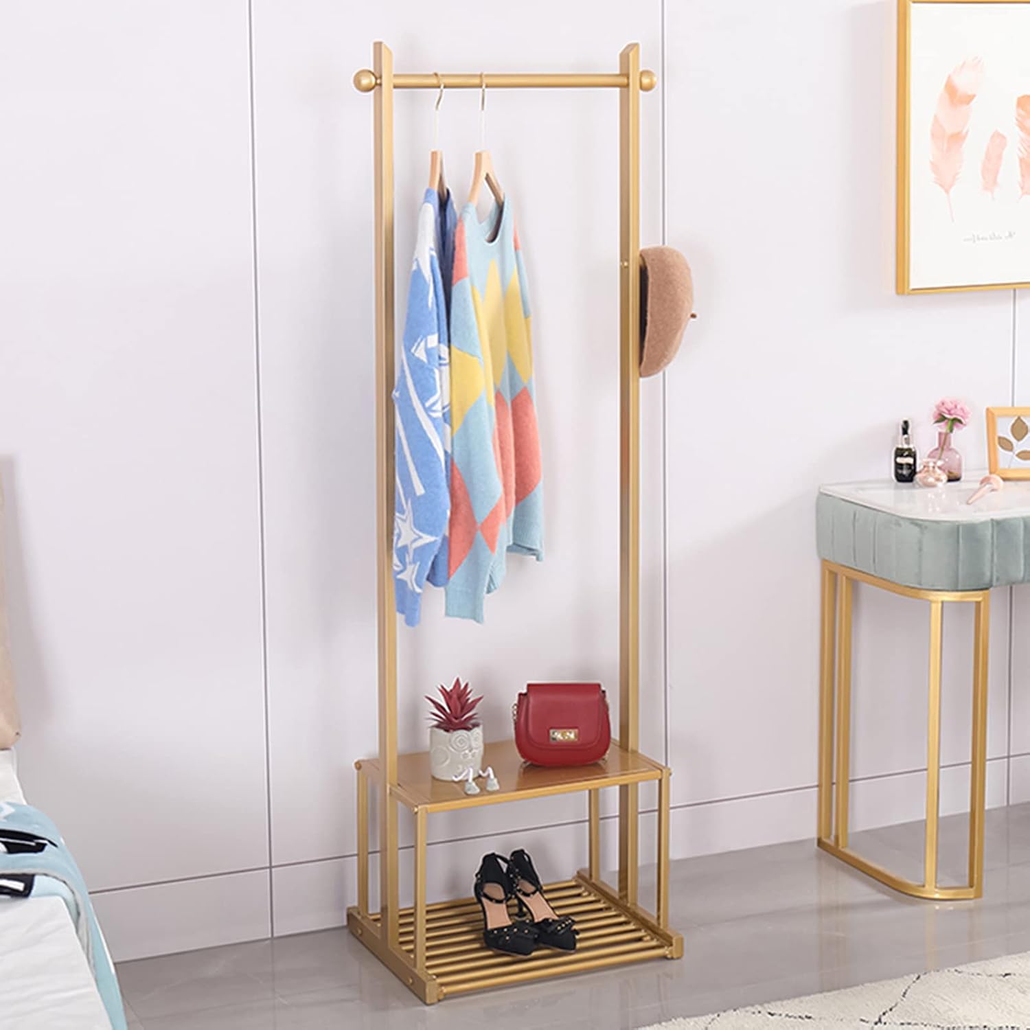 Heavy Duty Garment Rack Clothing Rack with 2 Tier Bottom Shelves, Metal Clothes Rail for Bedroom and Office, Freestanding Clothes Organizer for Hanging Clothes, Space Saving (Gold 50X40X165CM)