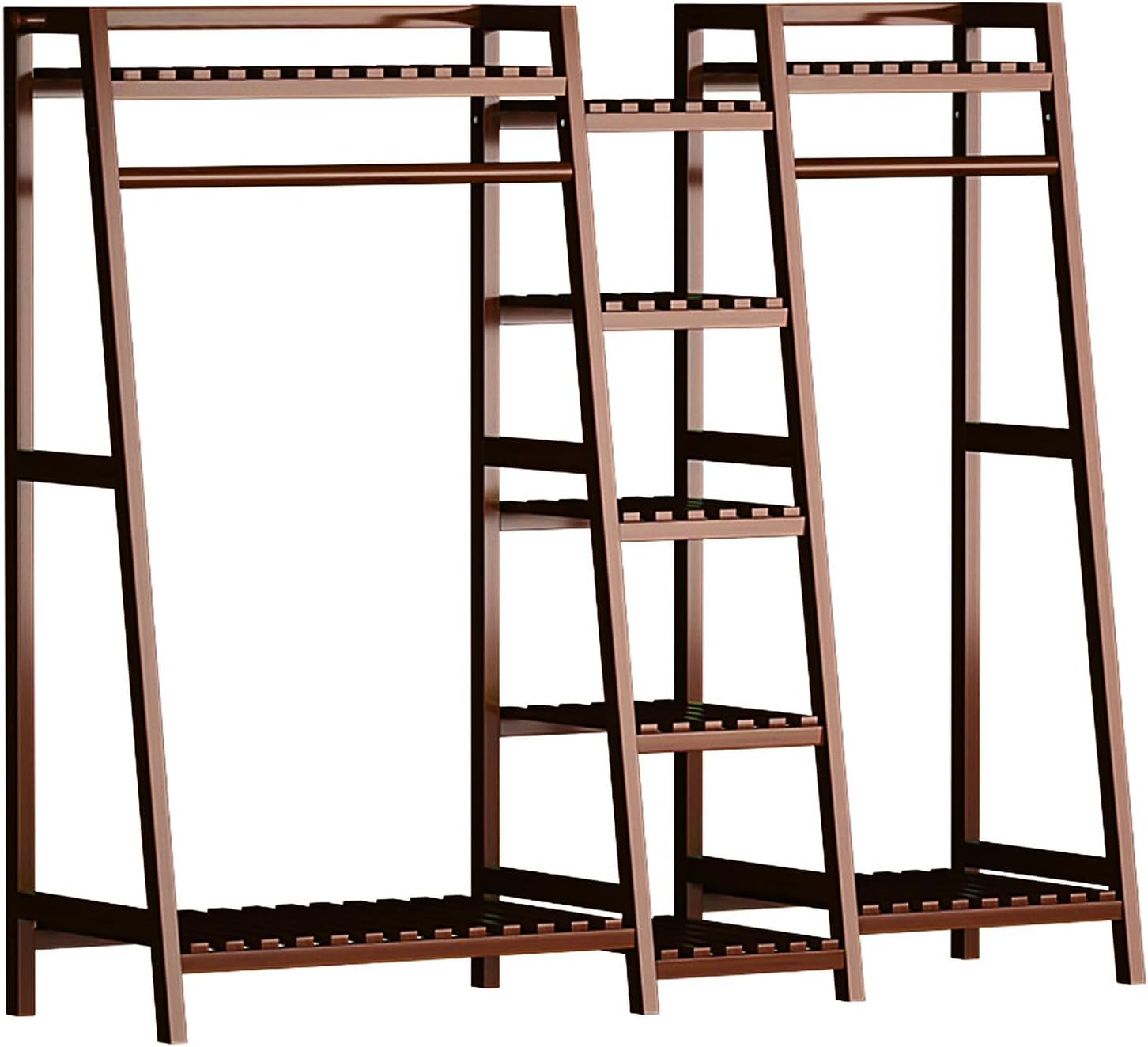 Large Bamboo Clothes Rack with Shelves & Rods, Closet System Clothing Rack Freestanding Garment Racks for Hanging Clothes, Open Wardrobe Organizer,Brown,130cm