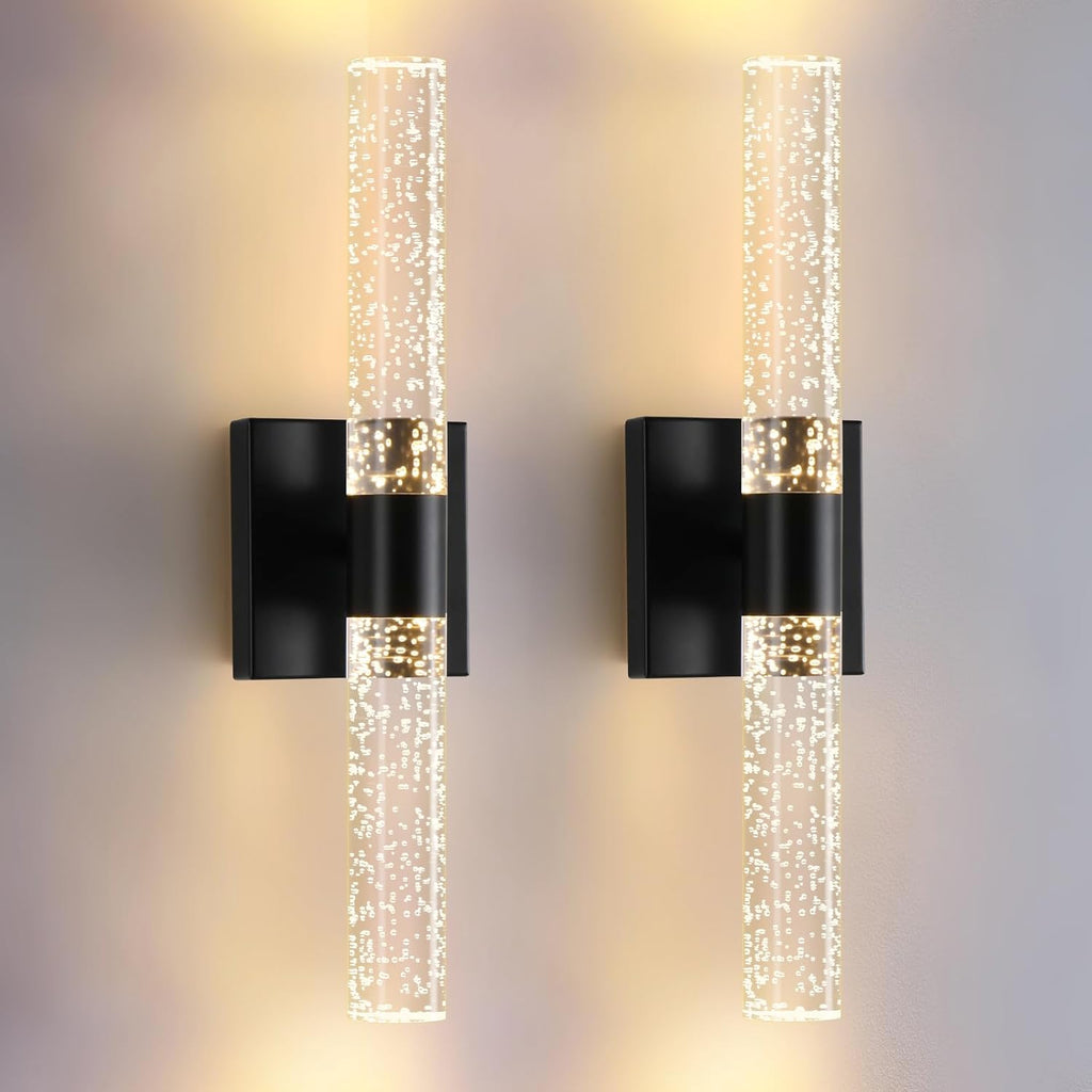 Black Modern LED Wall Sconces Set of Two 3000K-6000K Crystal Bathroom Sconce Lights 12W LED Vanity Light Bar Wall Lights for Bedroom Living Room, 18 Inch, 3 Color Temperature Adjust