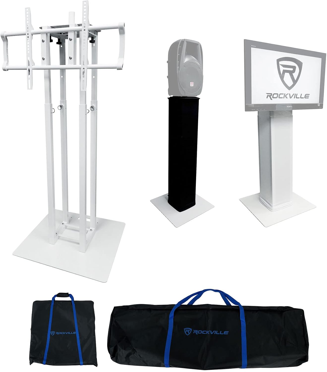 Rockville RTP33-TV Pro White Totem Stand 220 lbs DJ Speaker/Lighting/TV Mount, Detachable TV Mount, Adjustable 39-69 inch Height, Black/White Scrims, for DJs and Event Planners, 2-Piece