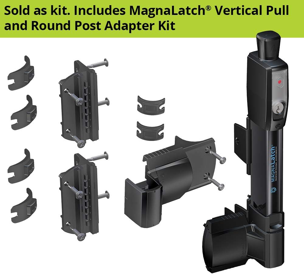 D&D Technologies ML3VPKA+ML3RPK MagnaLatch Vertical Pull 12-inch Gate Latch with Round Post Adaptor Kit for Round Posts, Child & Pet Safety Magnetic Gate Latch, Weather-Resistant Hardware, Black