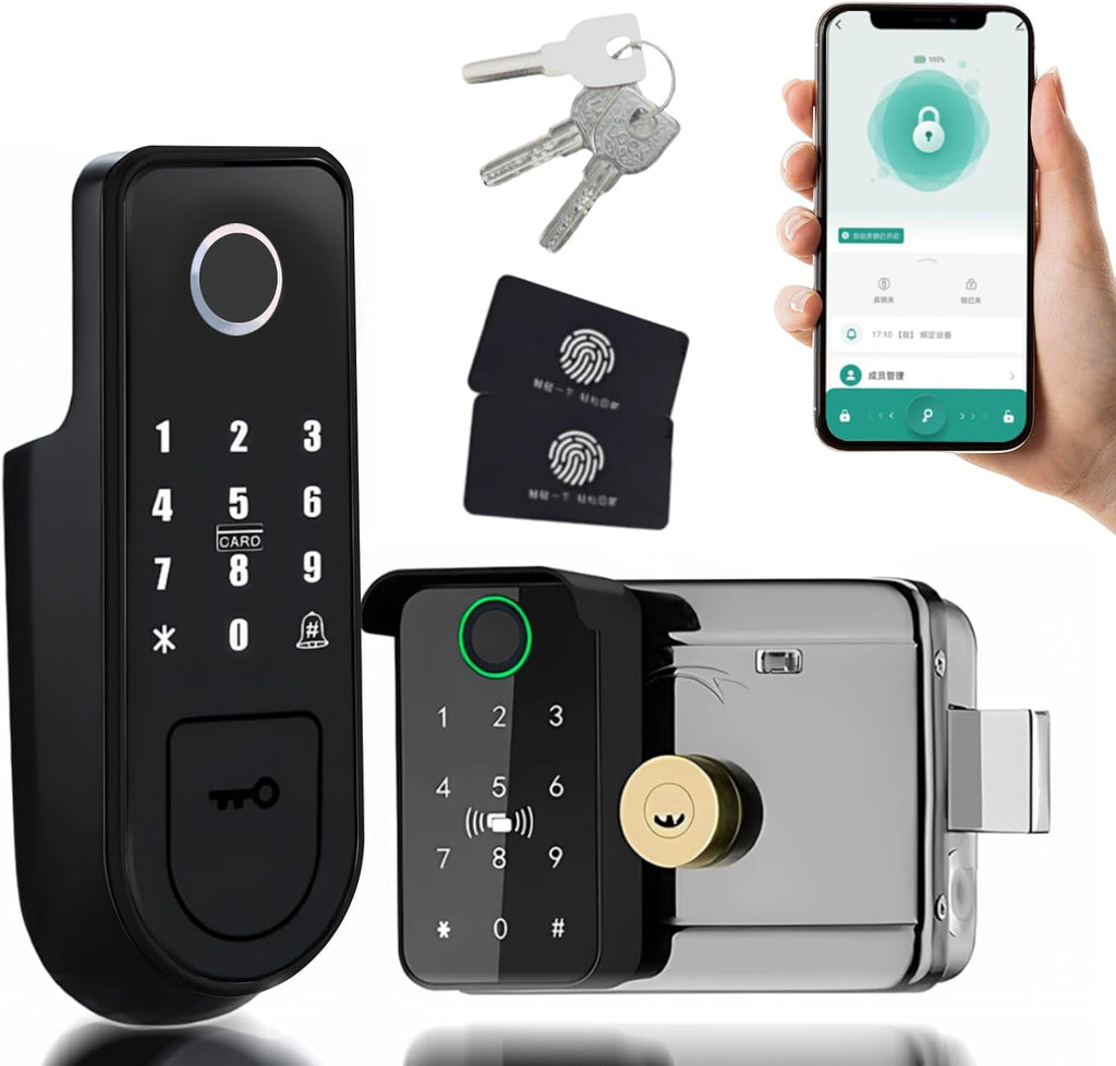Smart Lock,Electronic gate Latch for Outdoor Fence, Waterproof keyless Smart Rim Lock, Smart Latch Double gate Lock, WiFi Double Sided Fingerprint Reader Lock,with Ttlock App