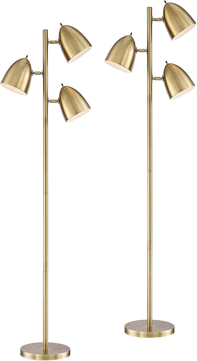 360 Lighting Aaron Mid Century Modern 64' Tall Standing Floor Lamps Set of 2 Lights Tree Task Adjustable 3-Light Gold Metal Aged Brass Finish Living Room Bedroom House Reading Office Home Decor