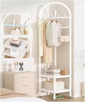 Coat RackModern White Metal Clothes Rail with Storage Basket Freestanding Garment Rack Organizer for Entryway Living Room Bedroom and Home Office