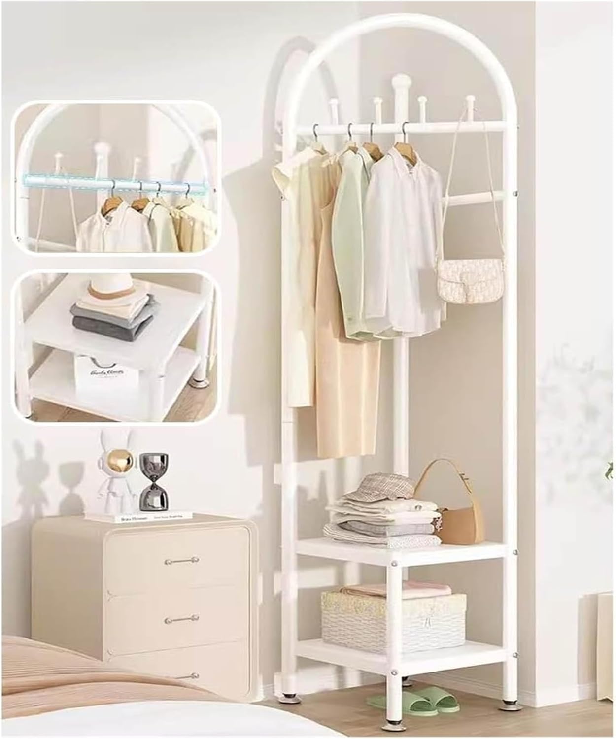 Coat RackModern White Metal Clothes Rail with Storage Basket Freestanding Garment Rack Organizer for Entryway Living Room Bedroom and Home Office