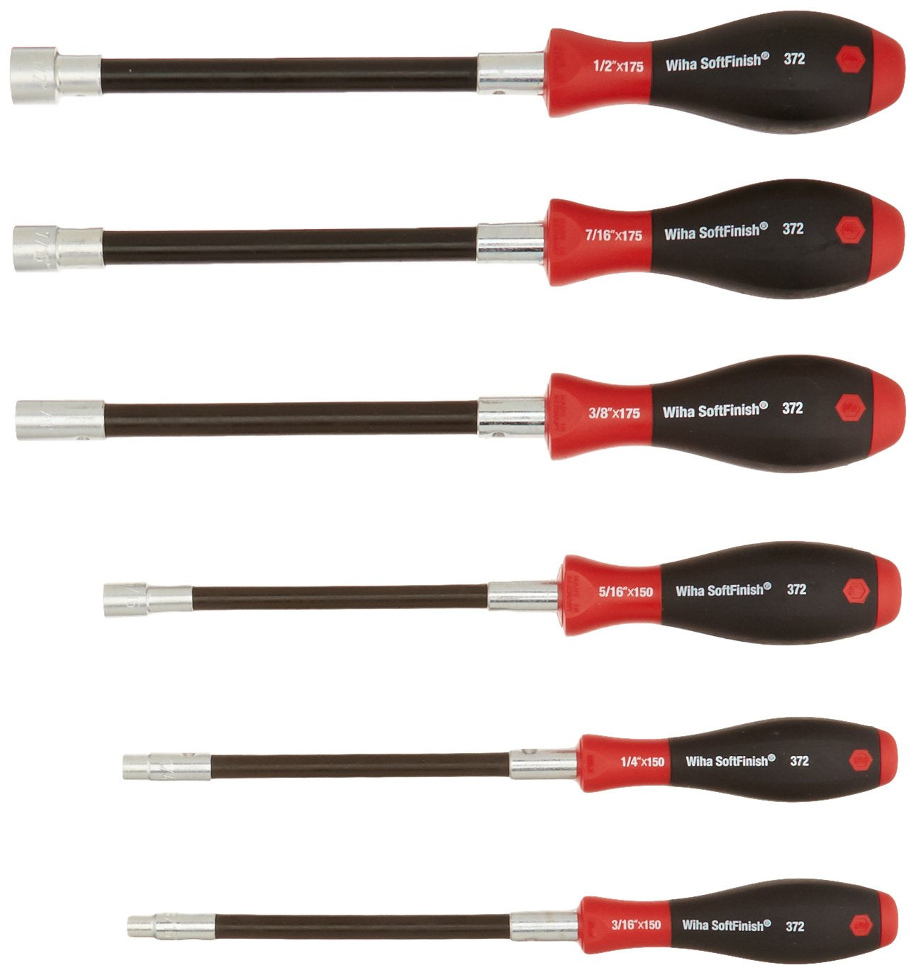 Wiha 37290 Long Flexible Shaft Nut Driver Set with SoftFinish Handles, Inch, 6 Piece