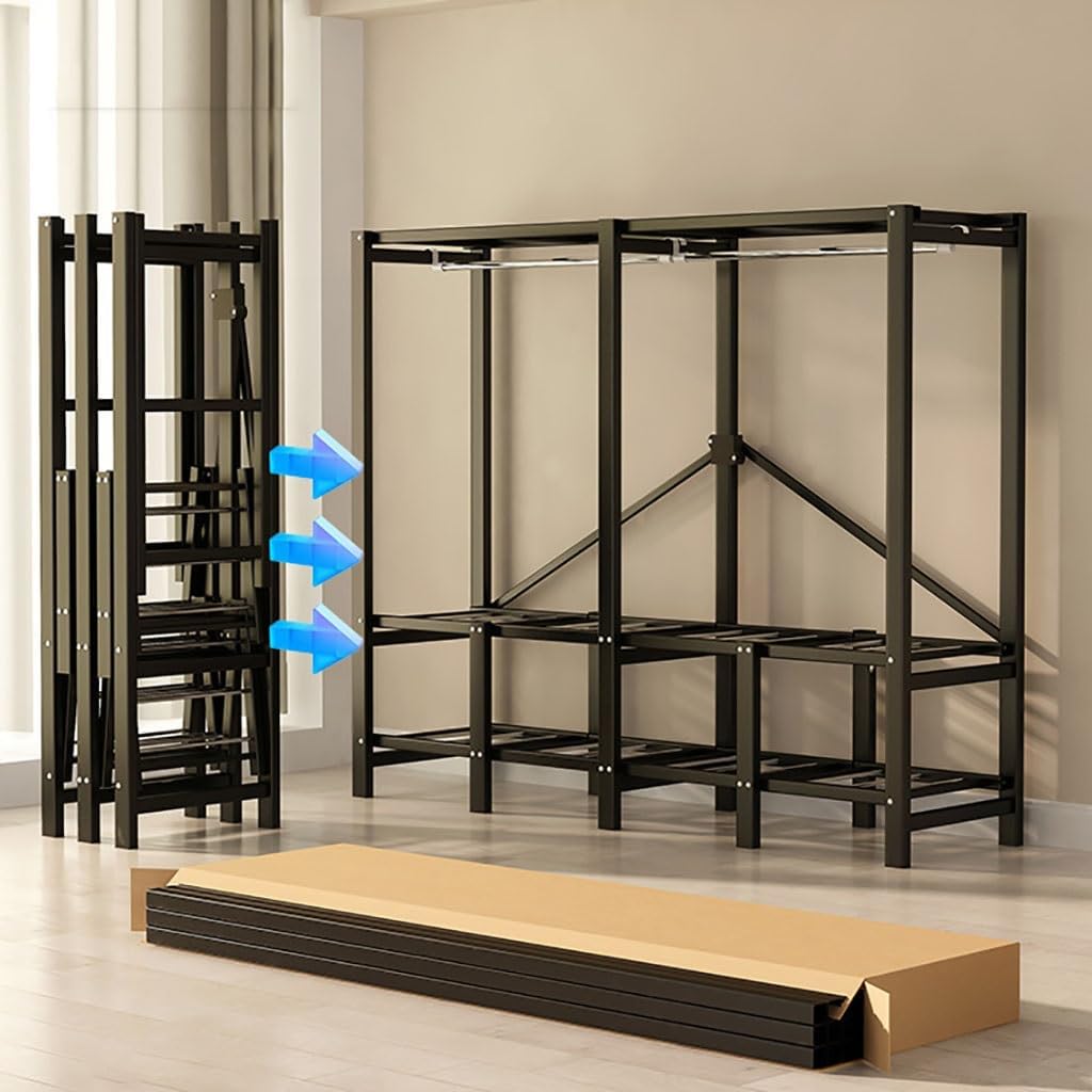 Heavy-Duty Portable Clothing Rack with Shelf, Foldable Garment Rack for Bedroom Wardrobe, Free Standing Clothes Storage Rack - Load 1100lb - Cotton Cover - Closet Organizer for Clothes