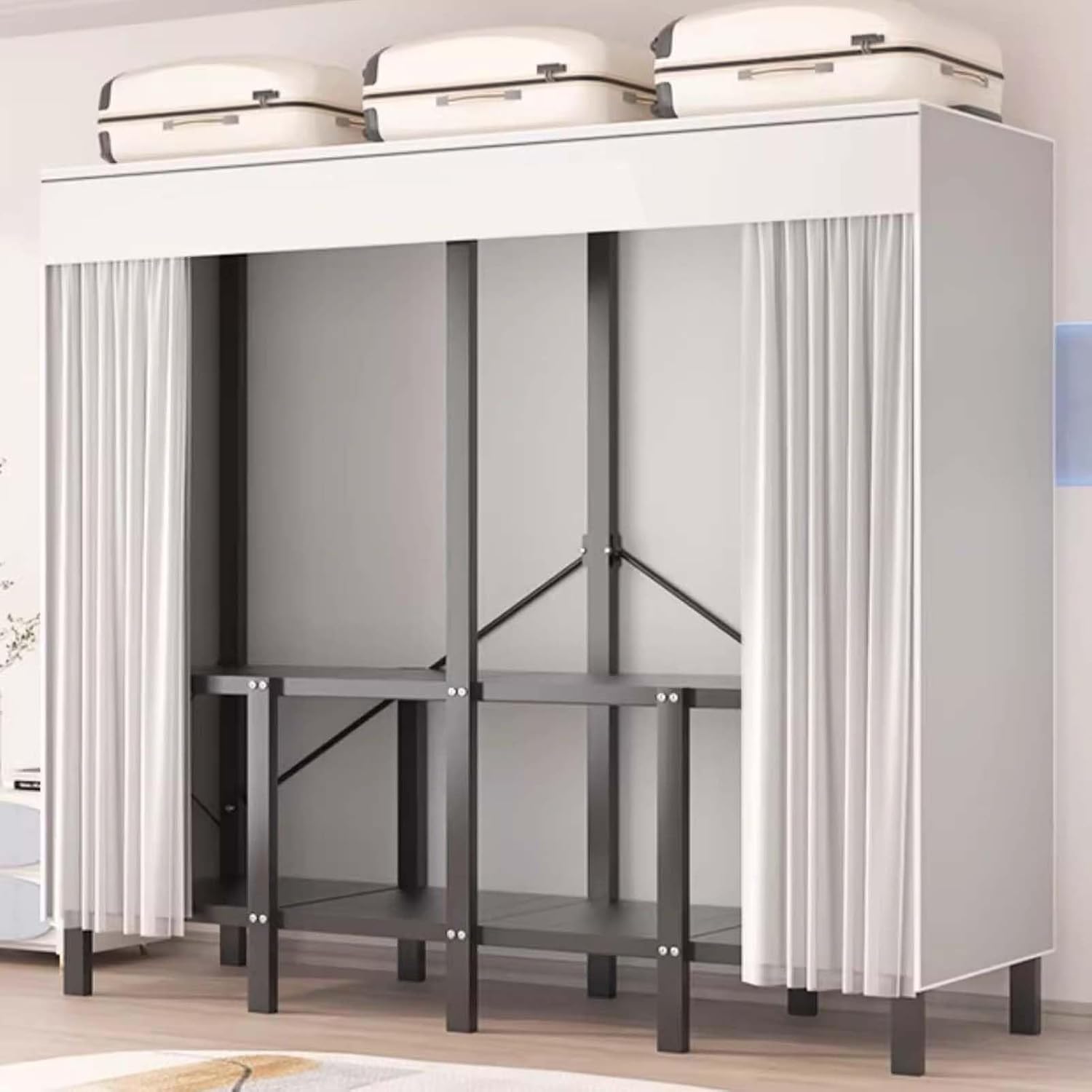 HUHJYUGE Portable Wardrobe Closet, Freestanding Clothes Garment Rack Dustproof, Sturdy Large Wardrobe Closet for Bedroom, Clothes Rack with Cover, Metal Clothing Rack, for Living Room Office