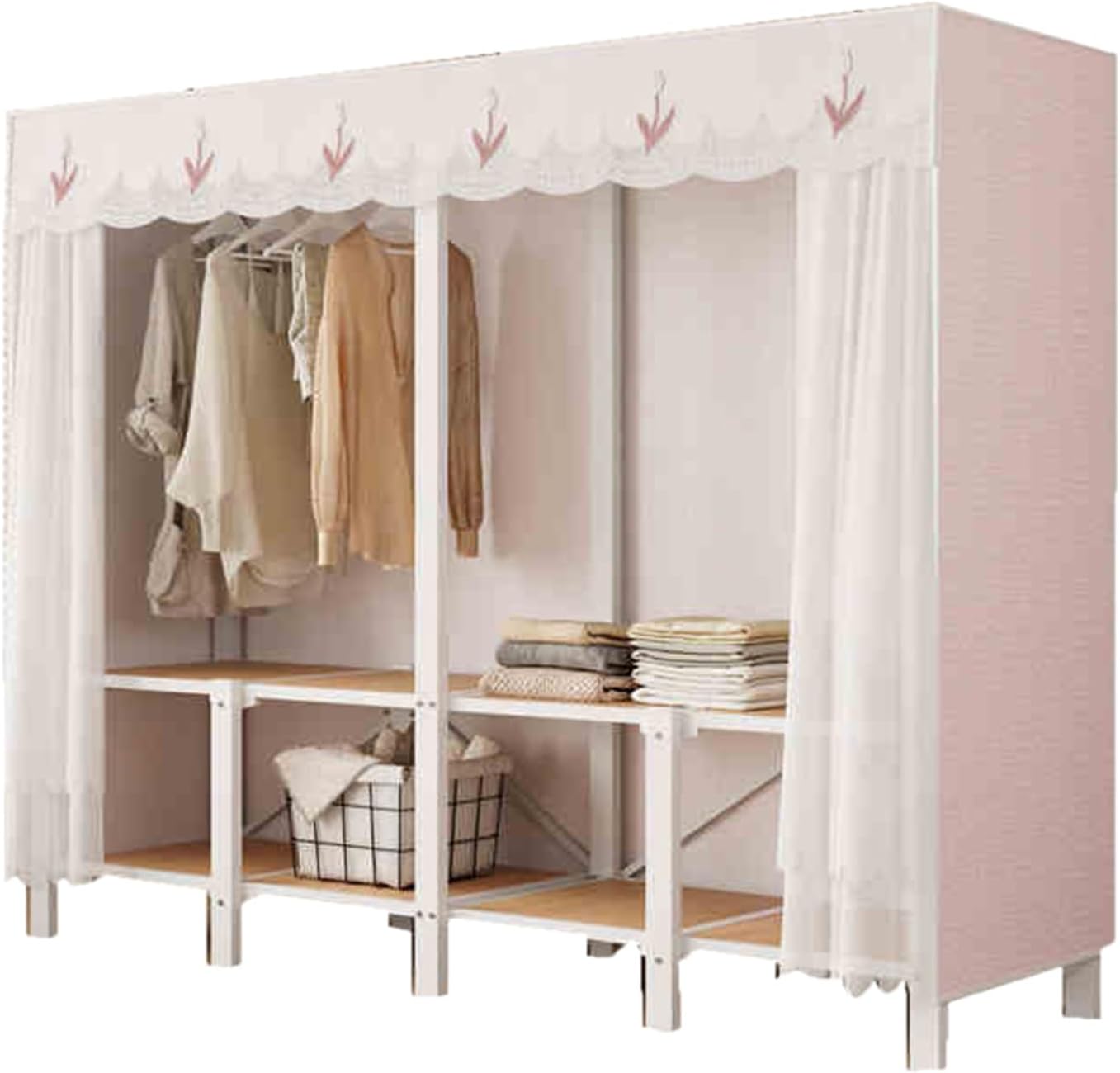Portable Closet Wardrobe,Spacious Steel Tube Clothes Storage Organizer,Freestanding Coat Storage Garment Racks,for Bedroom Free Standing Clothes Rack with Cover(Color 1)