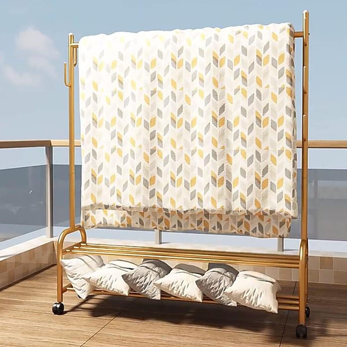 Metal Clothes Rail Freestanding Garment Rack with Storage Shelf 7 Side Hooks Coat Stand for Shoes and Boxes Black 60cm