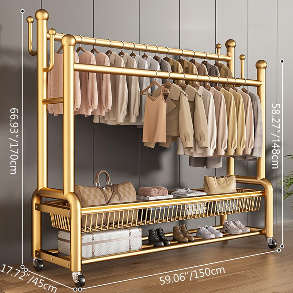 Freestanding Multi-functional Metal Garment Rack on Wheels, Portable Clothing Rack with Shelf and Hooks, for Coats, Shirts, Dress, Used in Cloakroom, Bedroom