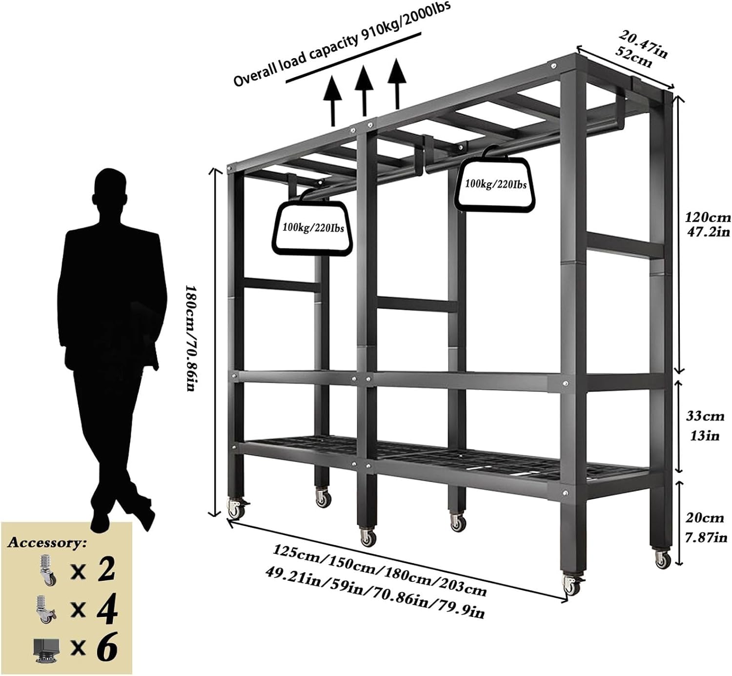 Heavy Duty Rolling Garment Rack With Cover, Width 20.47in，max 2000lbs, Foldable Clothing Rack For Hanging Clothes, Portable Freestanding Closets Wardrobe , Metal Armoires,multiple Sizes(Size:49.2in)