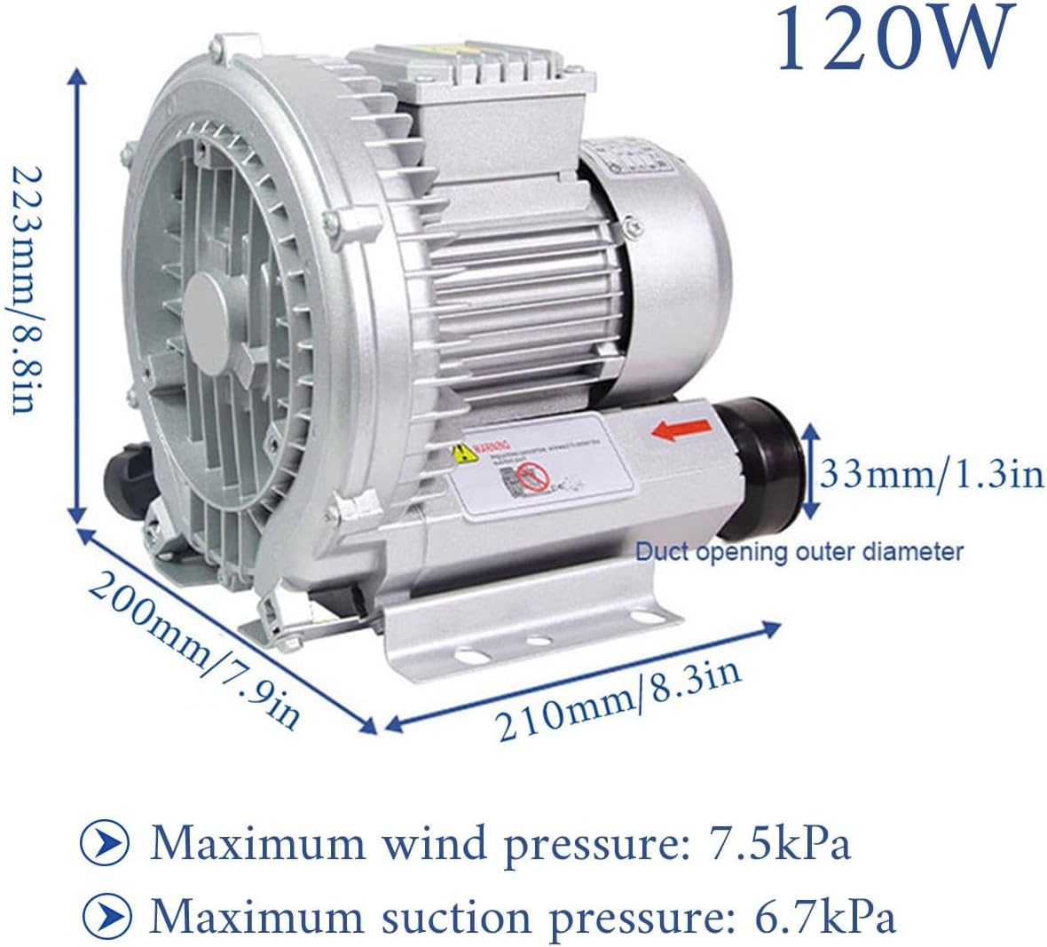 Vortex Ring Blower, Industrial Regenerative Blower for Sewage Aeration, Large Airflow High Pressure Centrifugal Fan, Suitable for Aquaculture, Food, Aquarium, Fish Pond, 250W