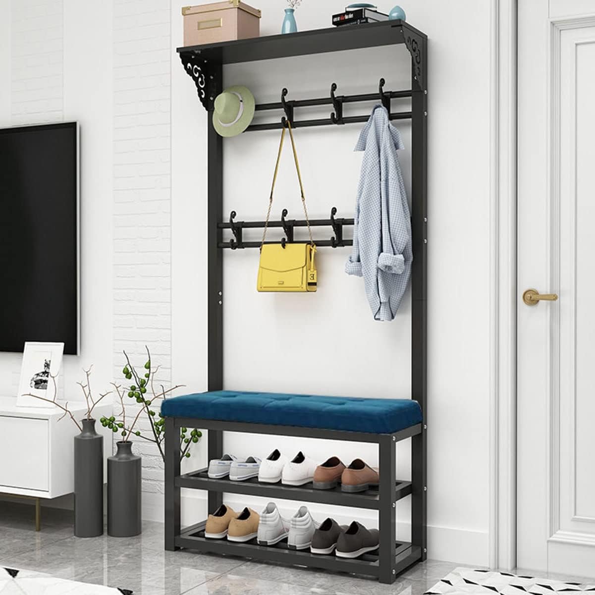 Coat Rack Stand, Hall Tree with 2 Shoe Shelf and Bench Freestanding Garment Rack with 8 Hooks for Bedroom Living Room Entryway/Black/100 * 30 * 172Cm