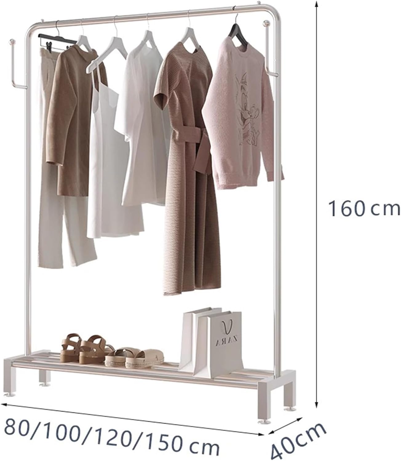 Heavy Duty Coat Rack, Garment Rack Silver Stainless Steel Clothing Rack On Wheels for Hanging Clothes, Heavy Duty Clothes Organizer with Shelves and Hooks Freestanding Coat Rack (150X40X160CM)