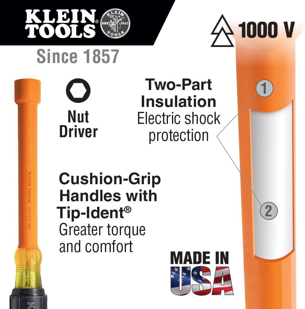 Klein Tools 33524 Tool Kit, 1000V Insulated Nut Driver Set, Sizes 3/16, 1/4, 5/16, 11/32, 3/8,7/16,1/2,9/16,5/8-Inch, with Case, 9-Piece