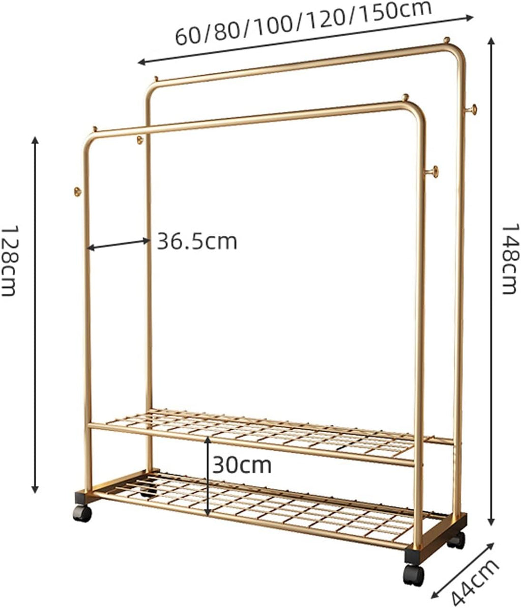 Heavy Duty Double Clothes Rail - Freestanding Garment Hanger with 2-Tier Shelves & 4 Castors - Metal Coat Rack for Dresses, Shirts & Clothing Storage - Versatile Clothing Drye