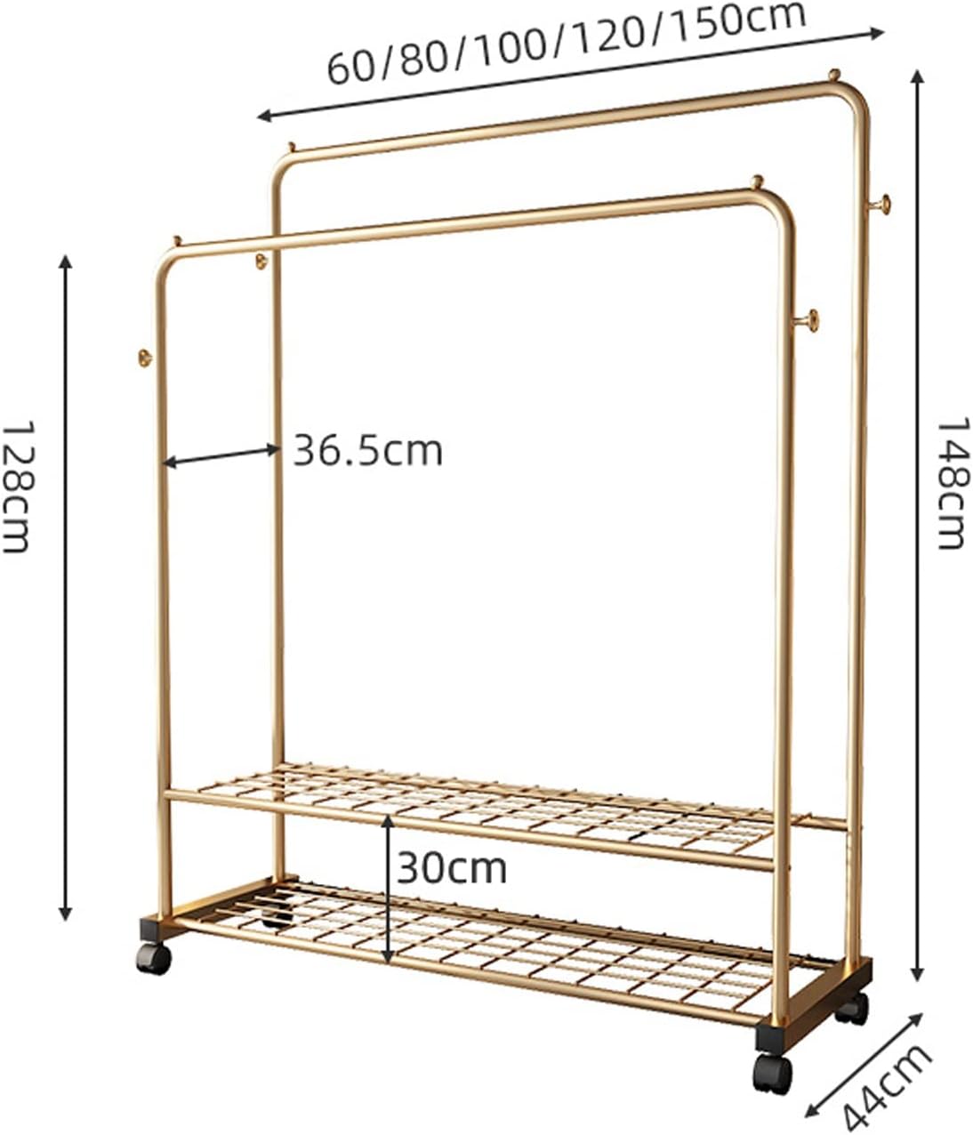 Heavy Duty Double Clothes Rail - Freestanding Garment Hanger with 2-Tier Shelves & 4 Castors - Metal Coat Rack for Dresses, Shirts & Clothing Storage - Versatile Clothing Drye