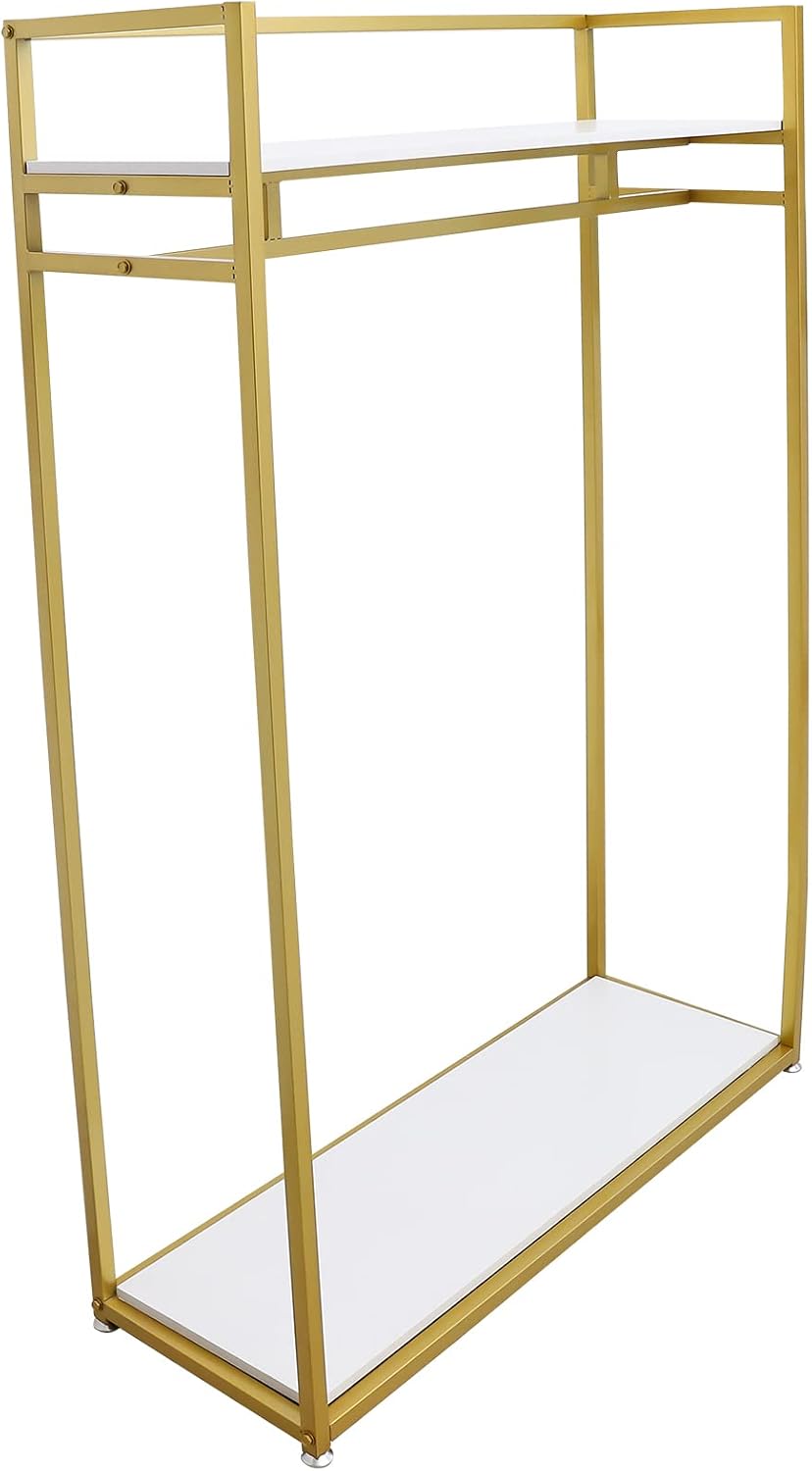Garment Rack with Bottom Shelf, 2-Tier Clothing Rack for Hanging Clothes, Freestanding Heavy Duty Metal Clothes Rack Shoes Bags Clothes Organizer with Adjustable Foot Pads for Retail Display, Gold