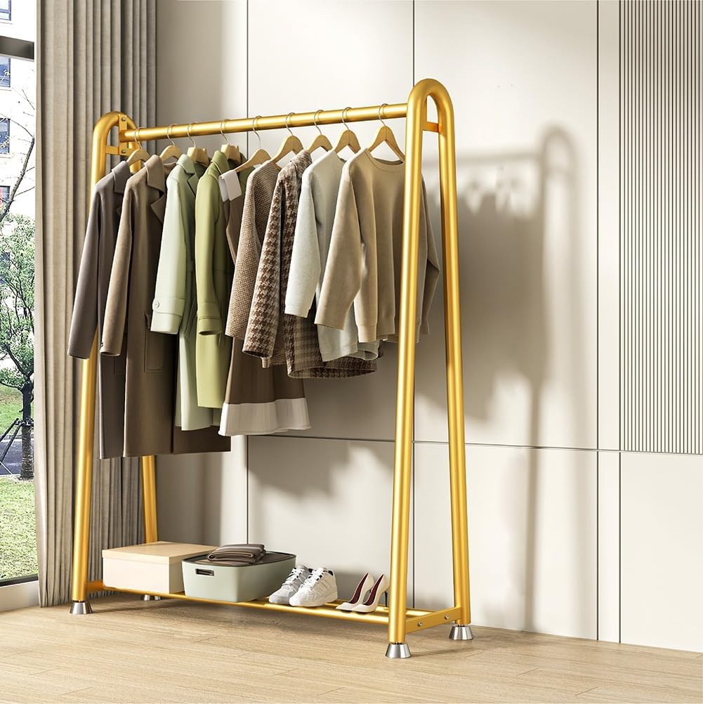 47' Single Rod Garment Rack with Bottom Shelf, Freestanding Closet Organizer, Multi-functional Bedroom Metal Clothes Rack for Coats, Shirts, Dress