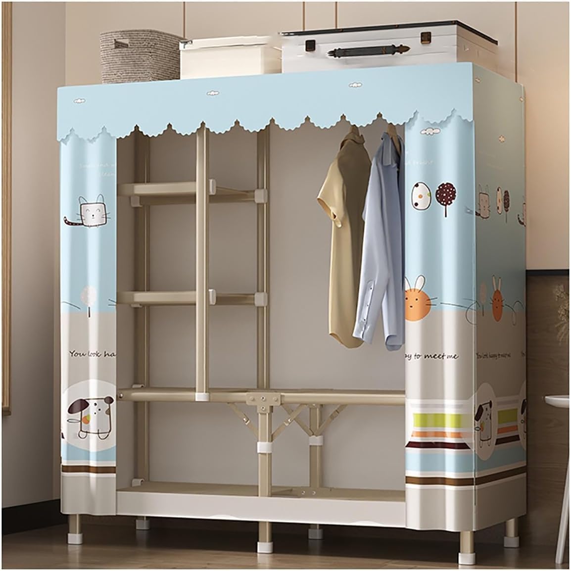 Portable Clothes Rack with Cover Freestanding Wardrobe Closet for Bedroom Metal Clothing Rack with Hanging Rod and 5 STO