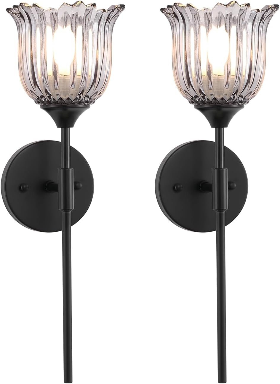 BYOLIIMA Vintage Wall Sconce Set of 2 with Smoke Gray Glass Shades Mid Century Bathroom Vanity Wall Light Fixtures Industrial Matte Black Wall Lamp for Bedroom Mirror Living Room Restaurant