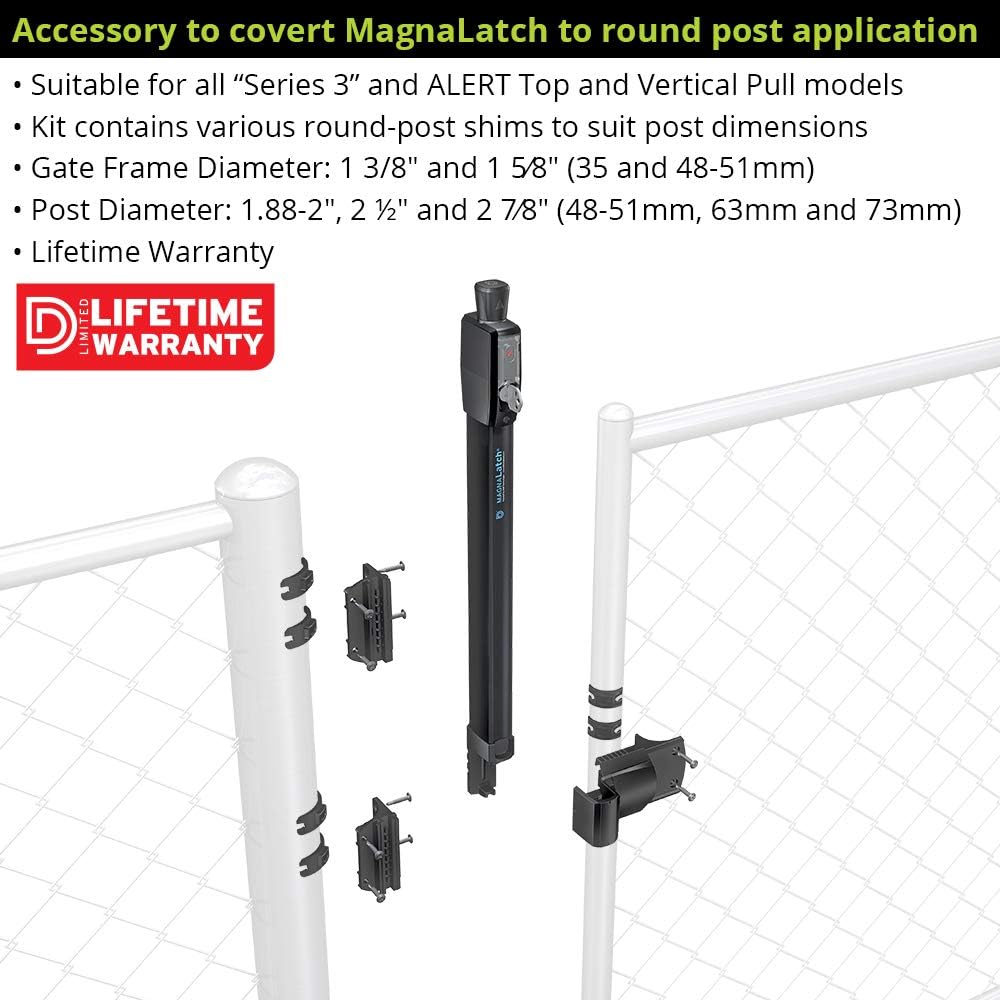 D&D Technologies ML3VPKA+ML3RPK MagnaLatch Vertical Pull 12-inch Gate Latch with Round Post Adaptor Kit for Round Posts, Child & Pet Safety Magnetic Gate Latch, Weather-Resistant Hardware, Black