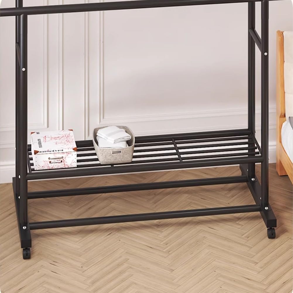 Freestanding Metal Bedroom Garment Rack with Wheels, Double Rods Multi-Functional Clothing Rack with Bottom Shelf, for Hanging Clothes, Coats, Skirts, Shirts, Sweaters(Black)