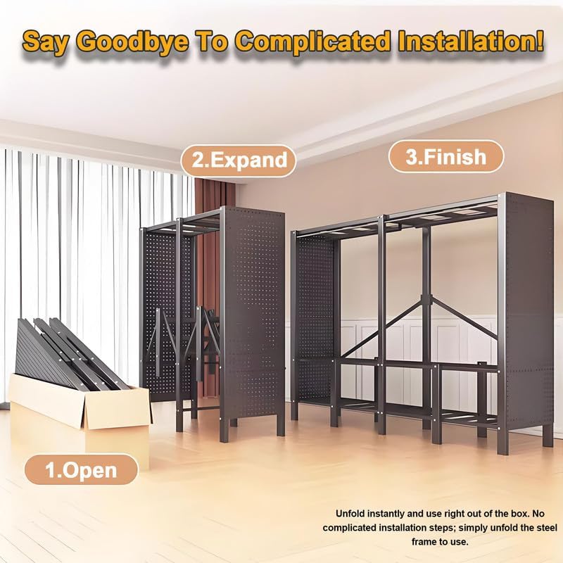49.2in Heavy Duty Clothes Rack with Black Cover Foldable Covered Clothes Rack for Hanging Clothes Portable Wardrobe Closet System Freestanding Coat Storage Garment Racks for Bedroom (Black, 49.2in)