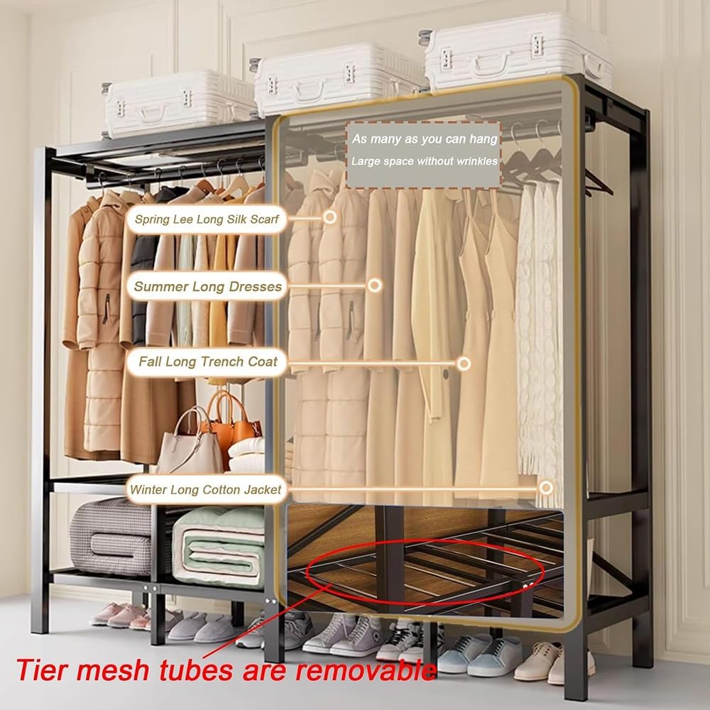 Portable Heavy Duty Freestanding Tall Garment Rack with Cover, Foldable Clothing Rack, Armoires Clothes Storage Organizer Shelves for Bedroom, 215cm