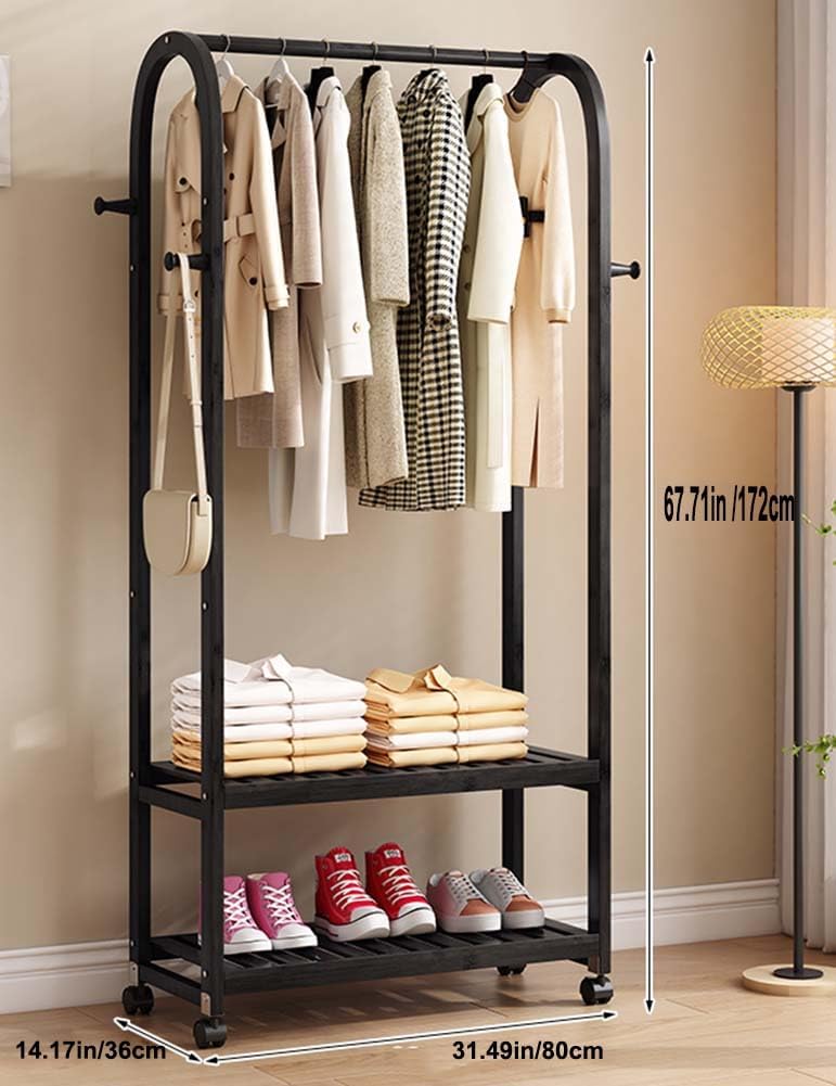 Black Clothing Rack with Wheels,Heavy duty clothes rack with 2-tier Bottom Shelves, Freestanding Garment Rack with 4 Side Hooks for Hanging Clothes, Coats, Shirts