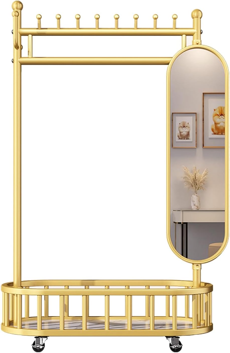 Clothes Rack With Mirror & Storage Basket,Garment Racks With Wheel,Large Metal Rolling Clothing Racks For Hanging Clothes,Shirts Jeans And Coats(Gold,80cm/31.5in)