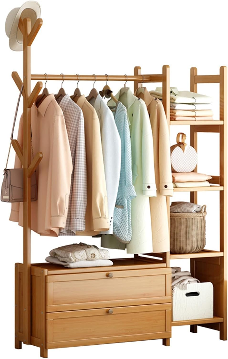 Bamboo Coat Rack - Freestanding Garment Rack with 2 Drawers & 4 Shelves, Multi-Functional Clothing Rail for Bedroom Storage, nize Shoes & Boxes (Wood Color, Size: 1)